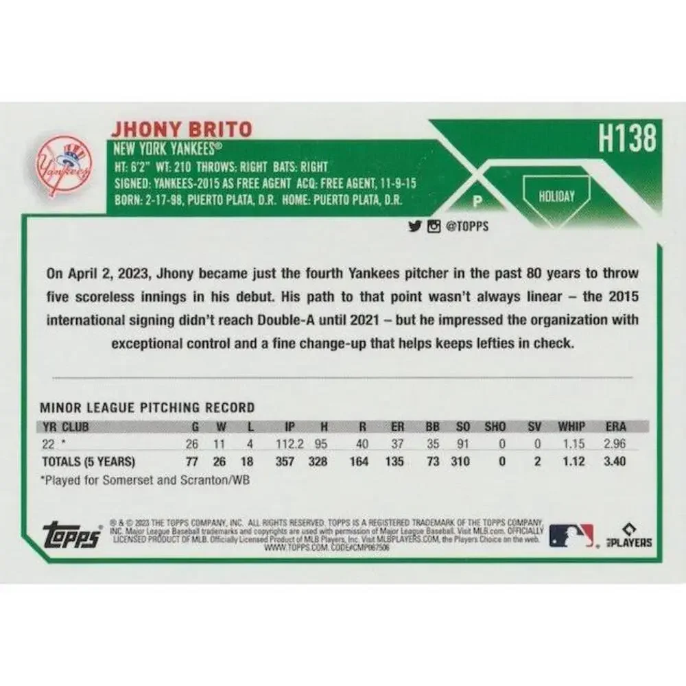2023 Topps Holiday Jhony Brito RC H138 New York Yankees